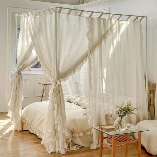Canopy Bed Curtains,Linen Bed Canopy Curtains 4 Corner Bed Drapes Canopy Curtains for Bedroom Decor (Ivory,Full)