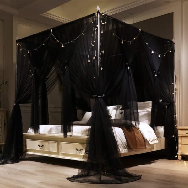 4 Corners Post Princess Bed Canopy Curtain Double Layer Cozy Drape Netting 4 Opening Mosquito Net for Girls & Adults Bedroom Decoration Accessories (Double Black, 47" W*78" L*82"*H/Twin)