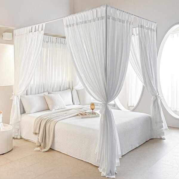 Canopy Bed Board with Top and Self-Adhesive Strips, White Gauze Princess Bed Canopy Curtain Tent, Creating a Romantic Atmosphere in The Room（Full/Queen，White）