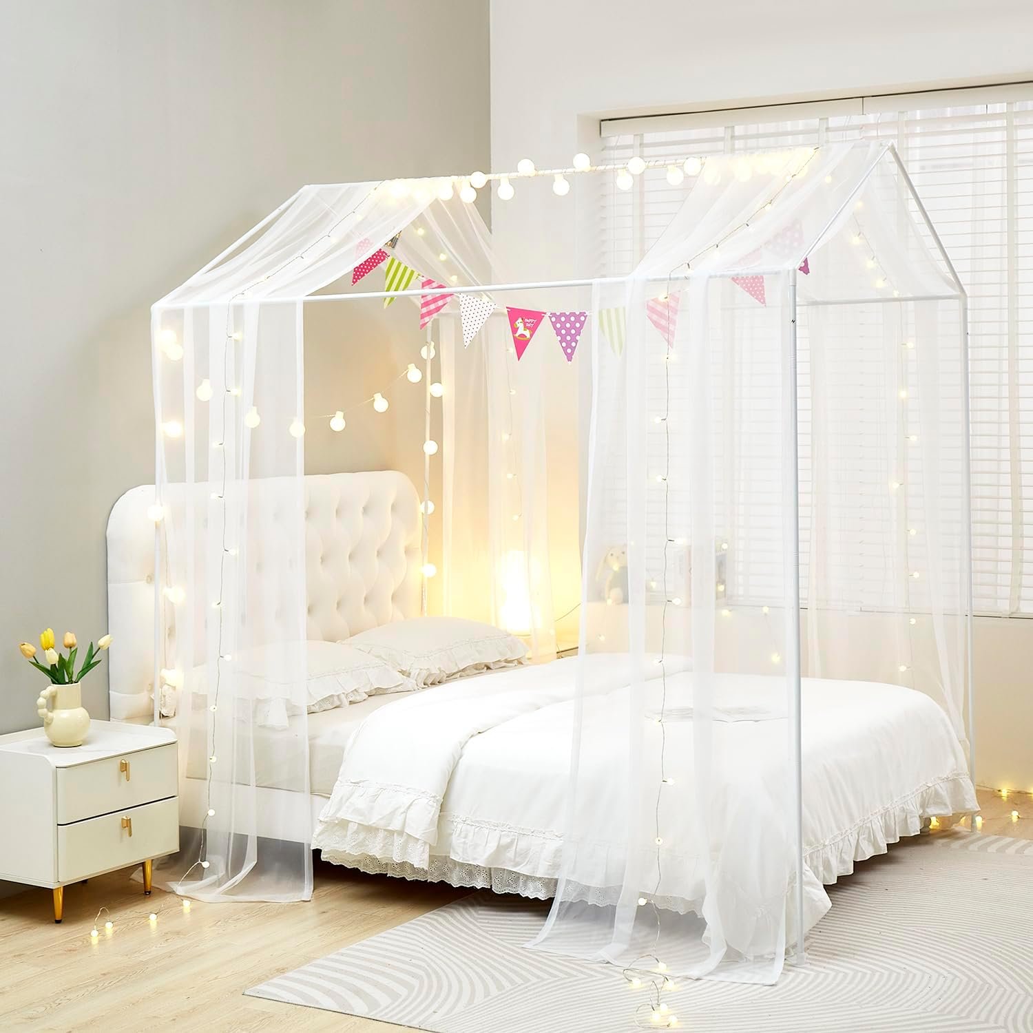 House Bed Canopy Bed Curtains with Lights,Montessori Floor Bed Canopy for Girls Boys,Four Poster Bed Curtains House Bed Decoration (Twin/Twin XL, White)