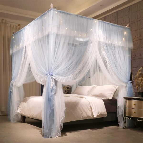 4 Corners Post Ruffle Princess Bed Canopy Curtain-Double Layer Cozy Drape Netting 4 Opening Mosquito Net for Girls Adults Bedroom Decoration (Gray/White, 53" W*78" L*82"*H/(Full))
