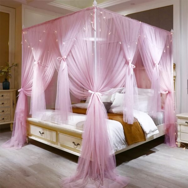 4 Corners Post Princess Bed Canopy Curtain Double Layer Cozy Drape Netting 4 Opening Mosquito Net for Girls & Adults Bedroom Decoration Accessories (Double Pink, 47" W*78" L*82"*H/Twin)