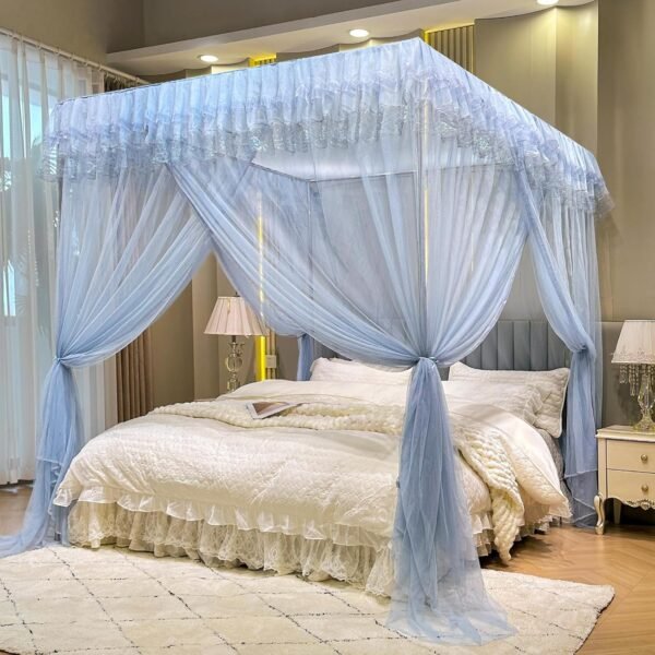 Blue Mosquito Net Tent for Bed，Three Side Opening Laciness Top Canopy Netting Curtain Net for Bedroom Decoration for Queen Size（Without Bed Frame）